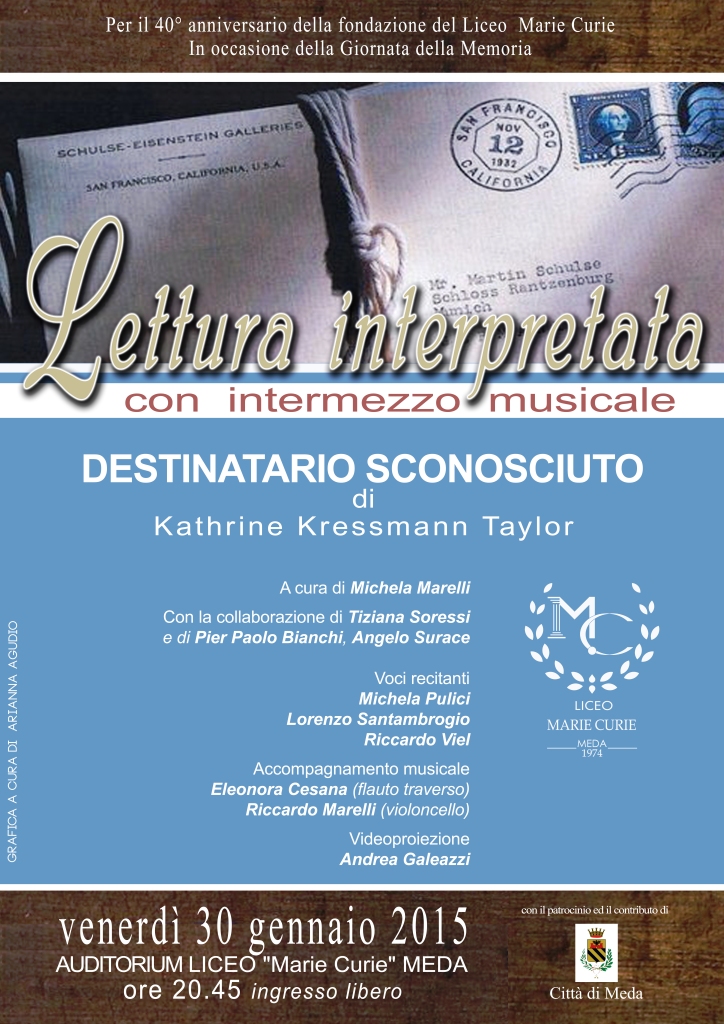 Lettura interpretata "Destinatario Sconosciuto" di Kathrine Kressmann Taylor del 30 gennaio 2015