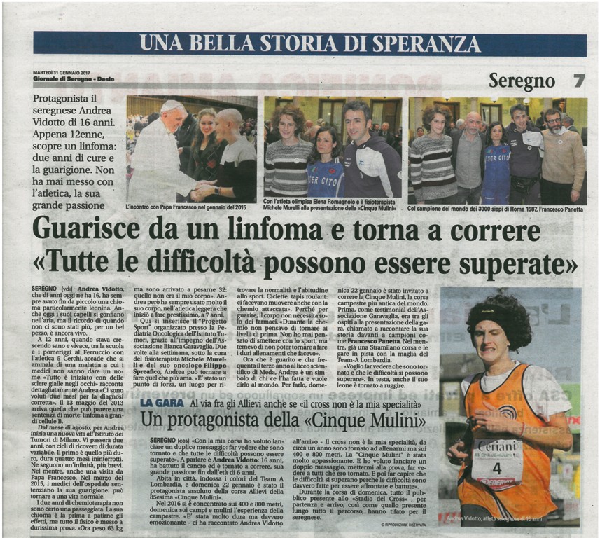 Andrea  Vidotto - Guarigione da linfoma Giornale di Seregno Desio 31.01.2017